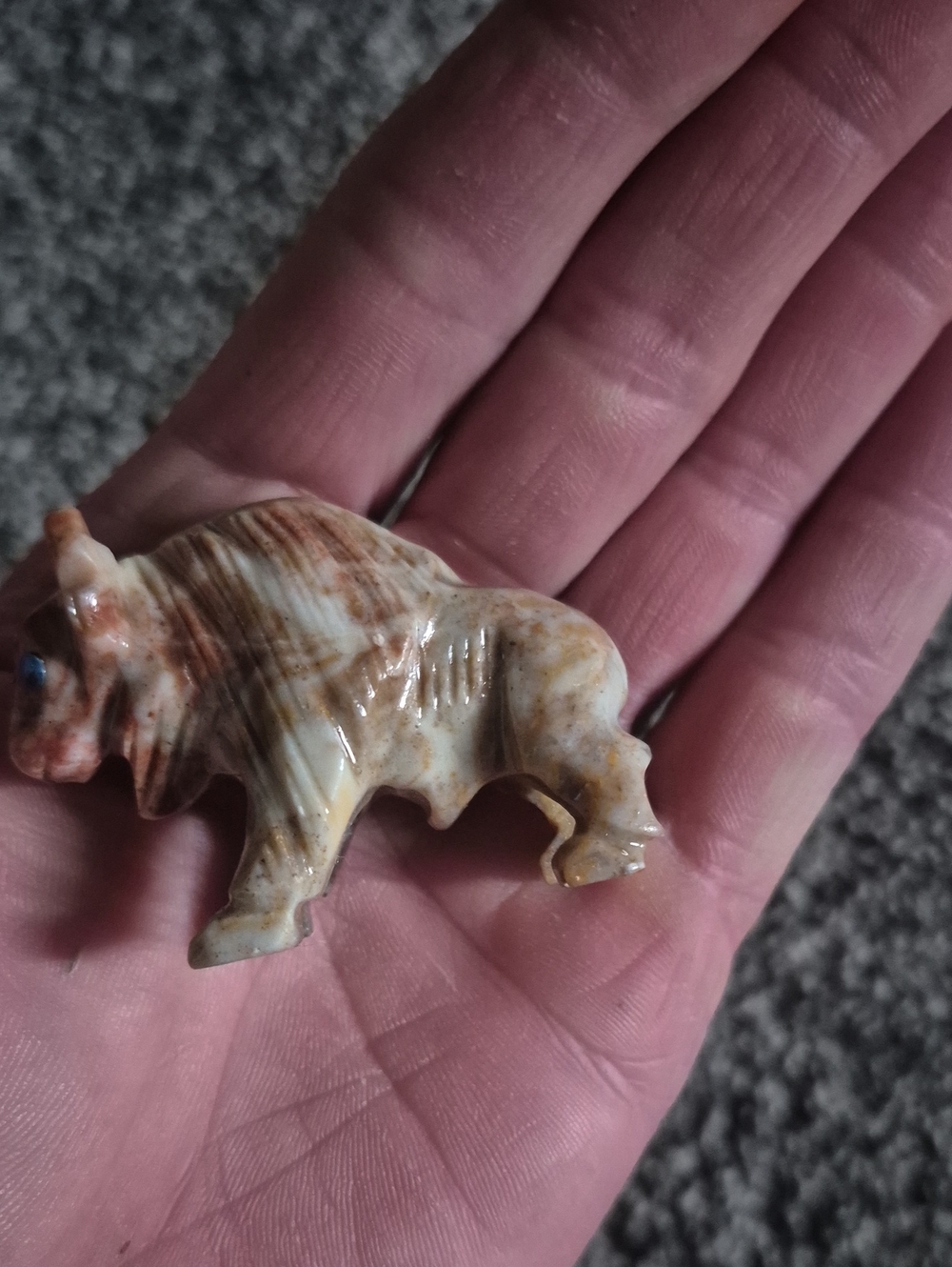 Small Hand-Carved Stone Buffalo Figurine in Cream and Brown